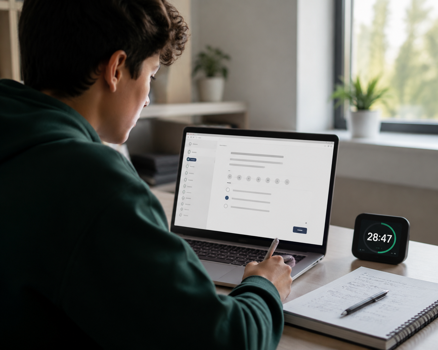 Student taking a digital test on a laptop with a timer and study notes nearby