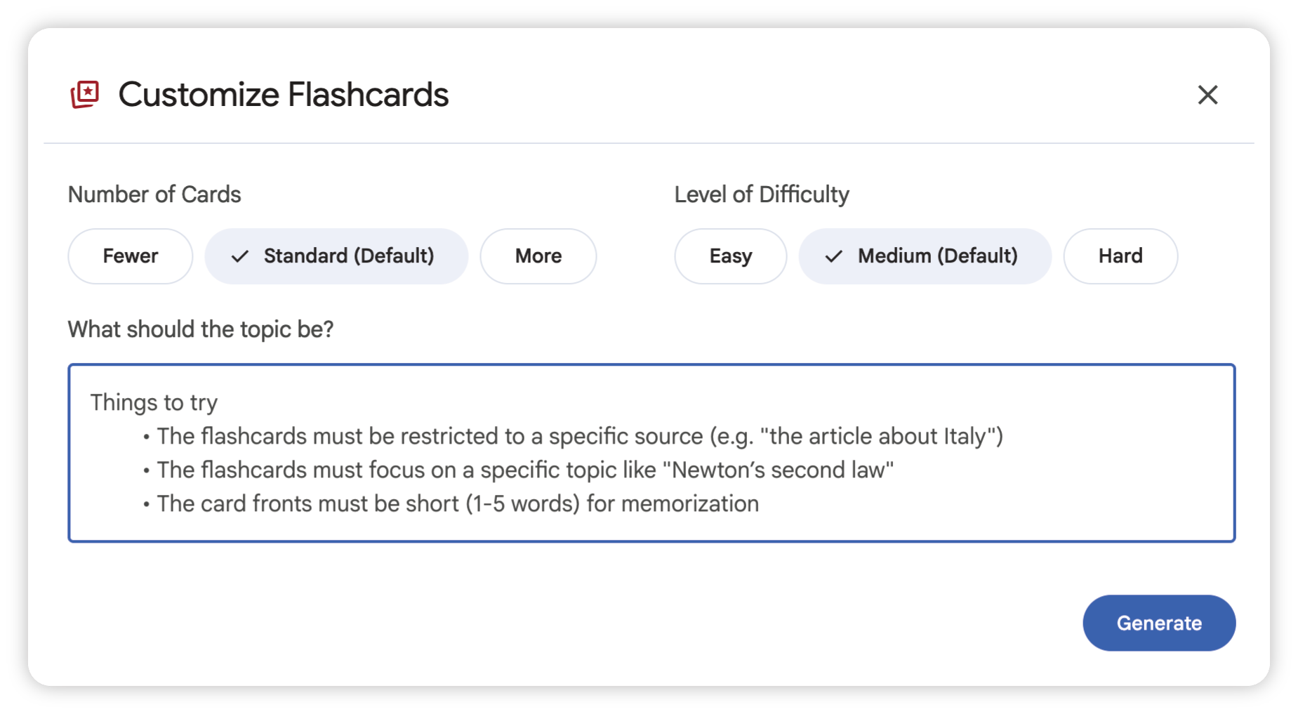 NotebookLM flashcard customization panel with difficulty and card count options
