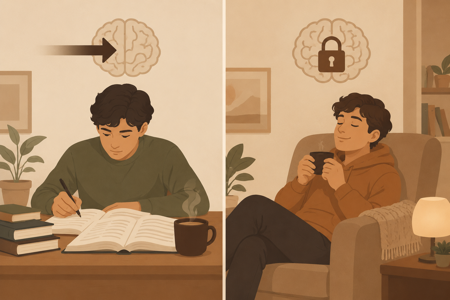 Illustration contrasting caffeine before studying for focus with caffeine after studying for memory consolidation