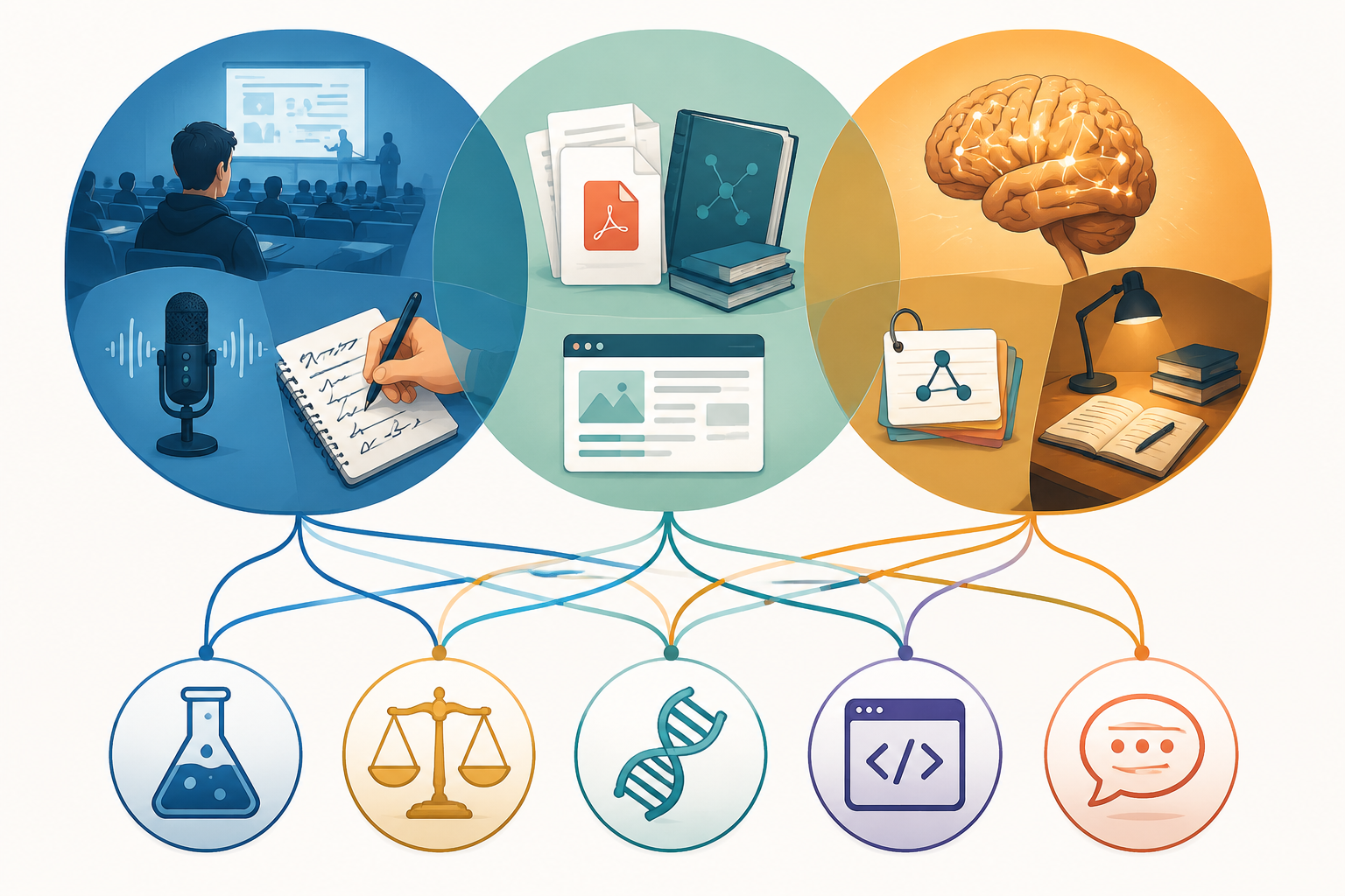 Infographic showing capture, source management, and recall as three connected note-taking functions across different majors