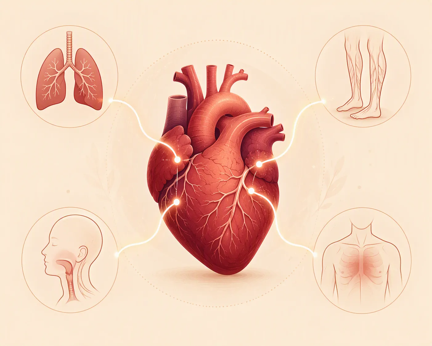 Stylized heart with pathways leading to lungs, lower legs, neck, and chest to show symptoms tracing back to mechanisms