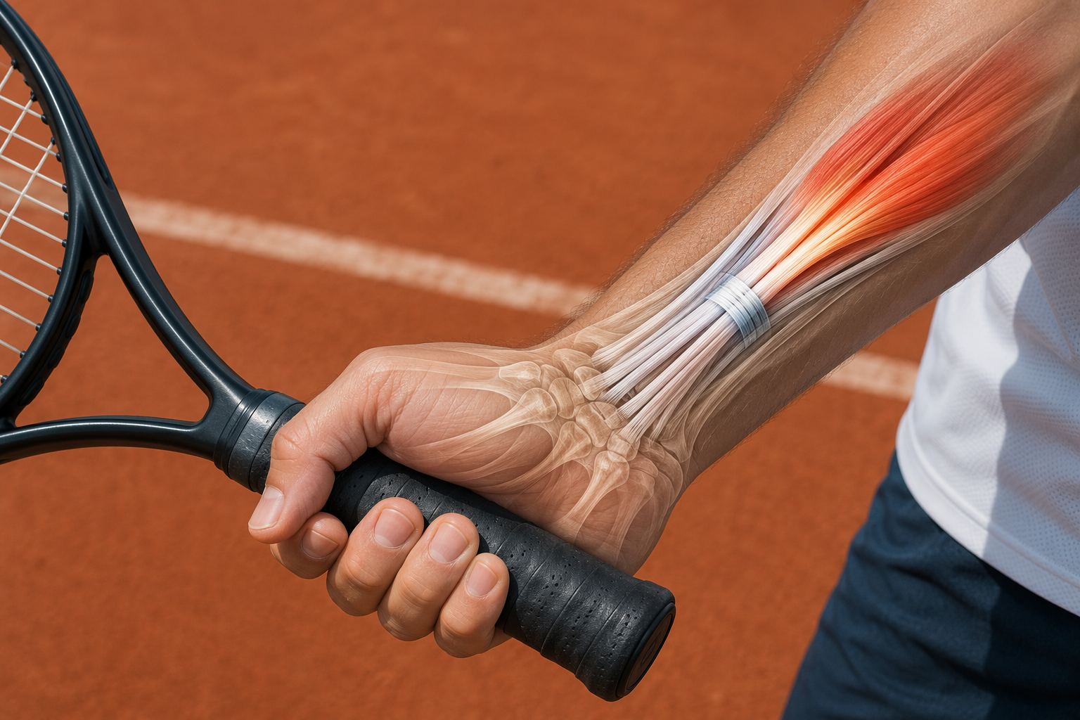 Tennis racquet held in a semi-Western forehand grip with wrist tendon sheath and pronator teres structures highlighted