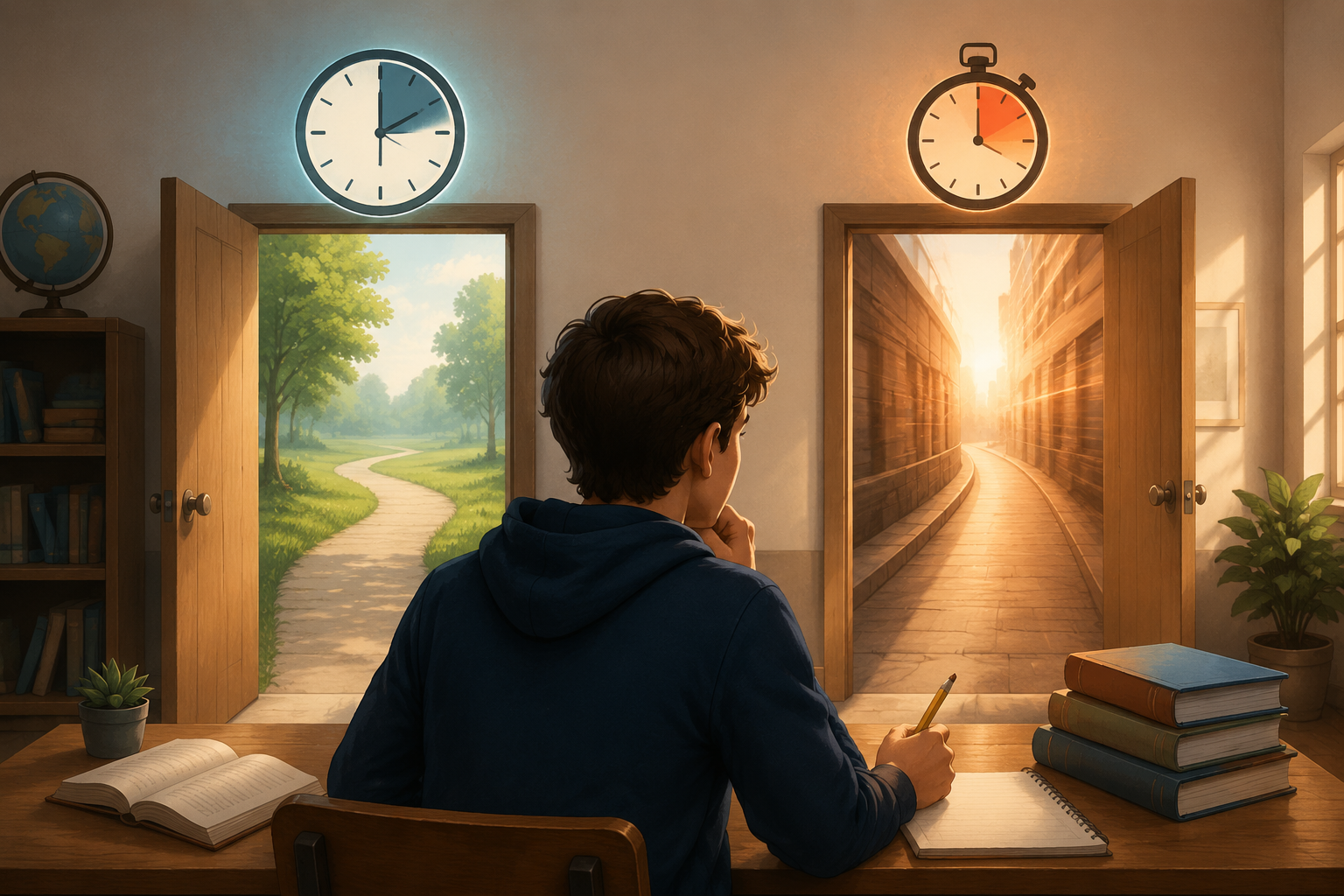 A student deciding between a calm clock path and a fast stopwatch path
