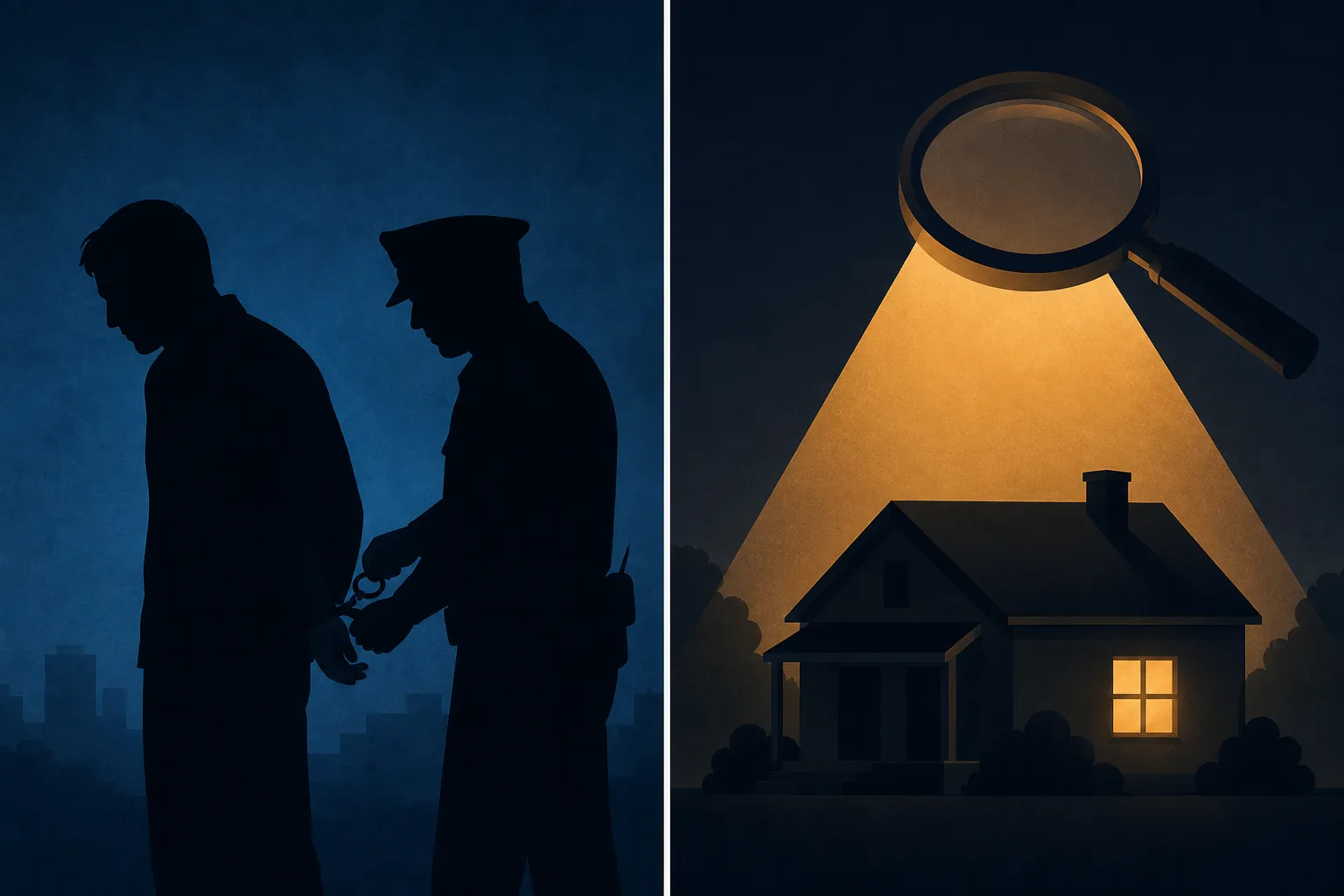 Split scene contrasting a handcuffed person with a house under a searchlight to distinguish arrest and search probable cause