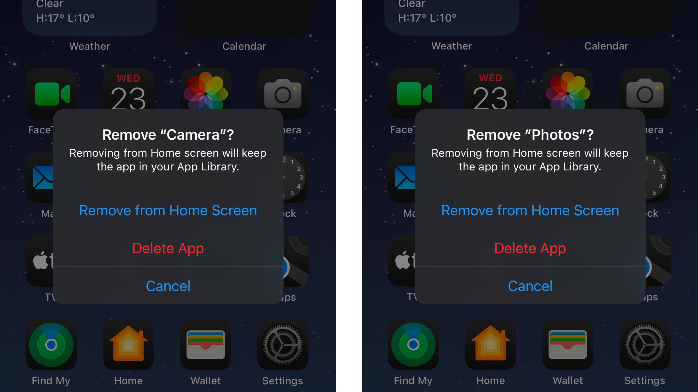 An iPhone home screen showing delete options for pre-installed default apps in the EU