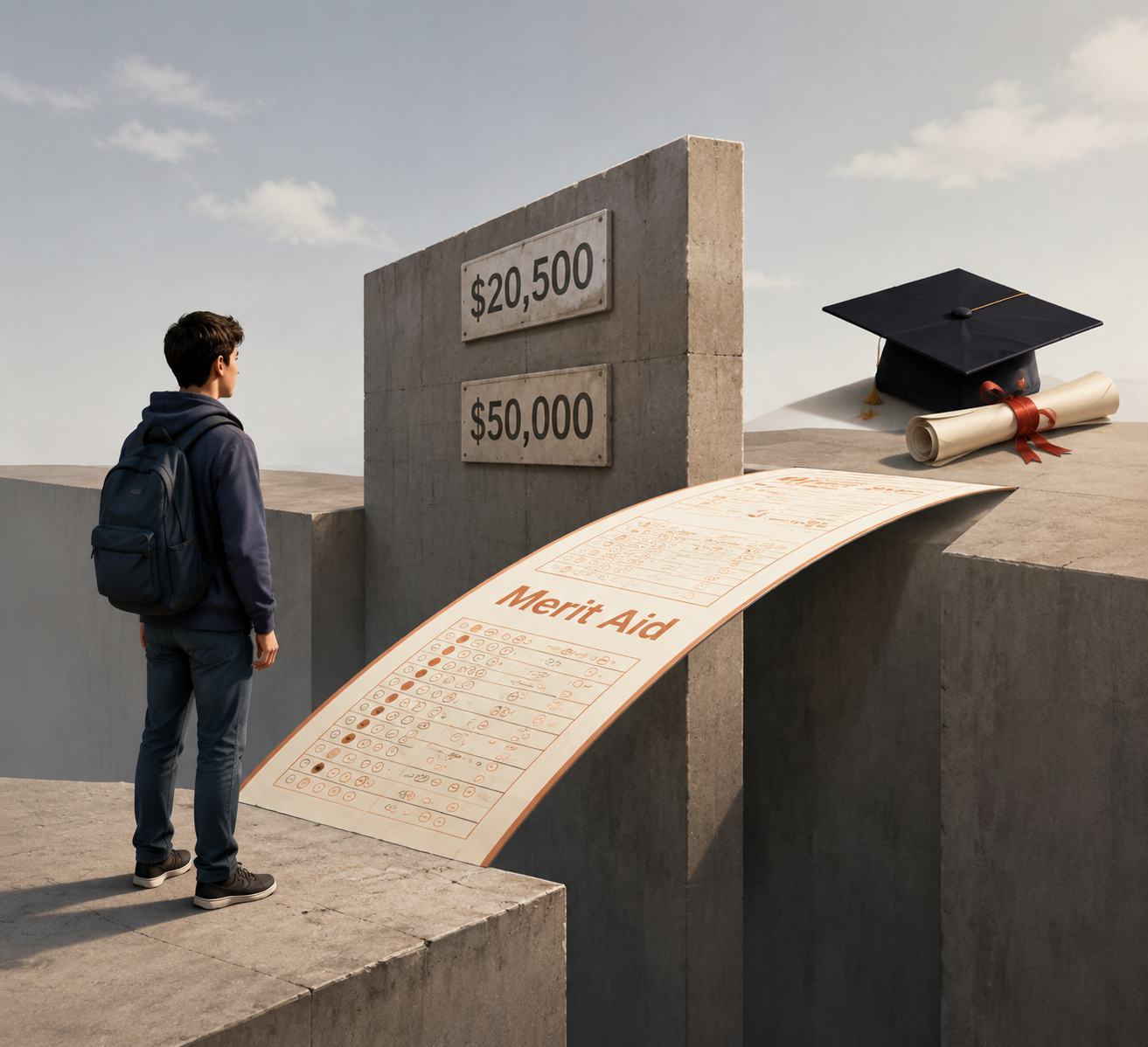 Student crossing a gap toward graduate school funding, with loan ceilings blocking the path and a test score sheet bridging it.