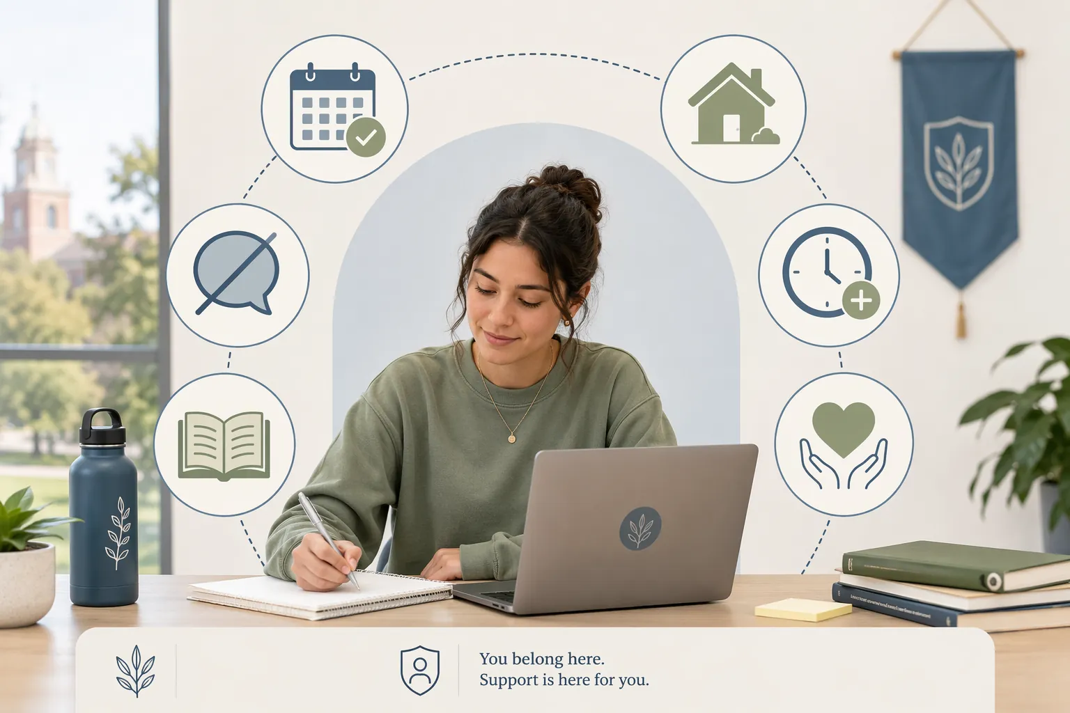 Student at a desk surrounded by icons for schedule changes, housing reassignment, no-contact order, deadline extension, tutoring, and counseling referral