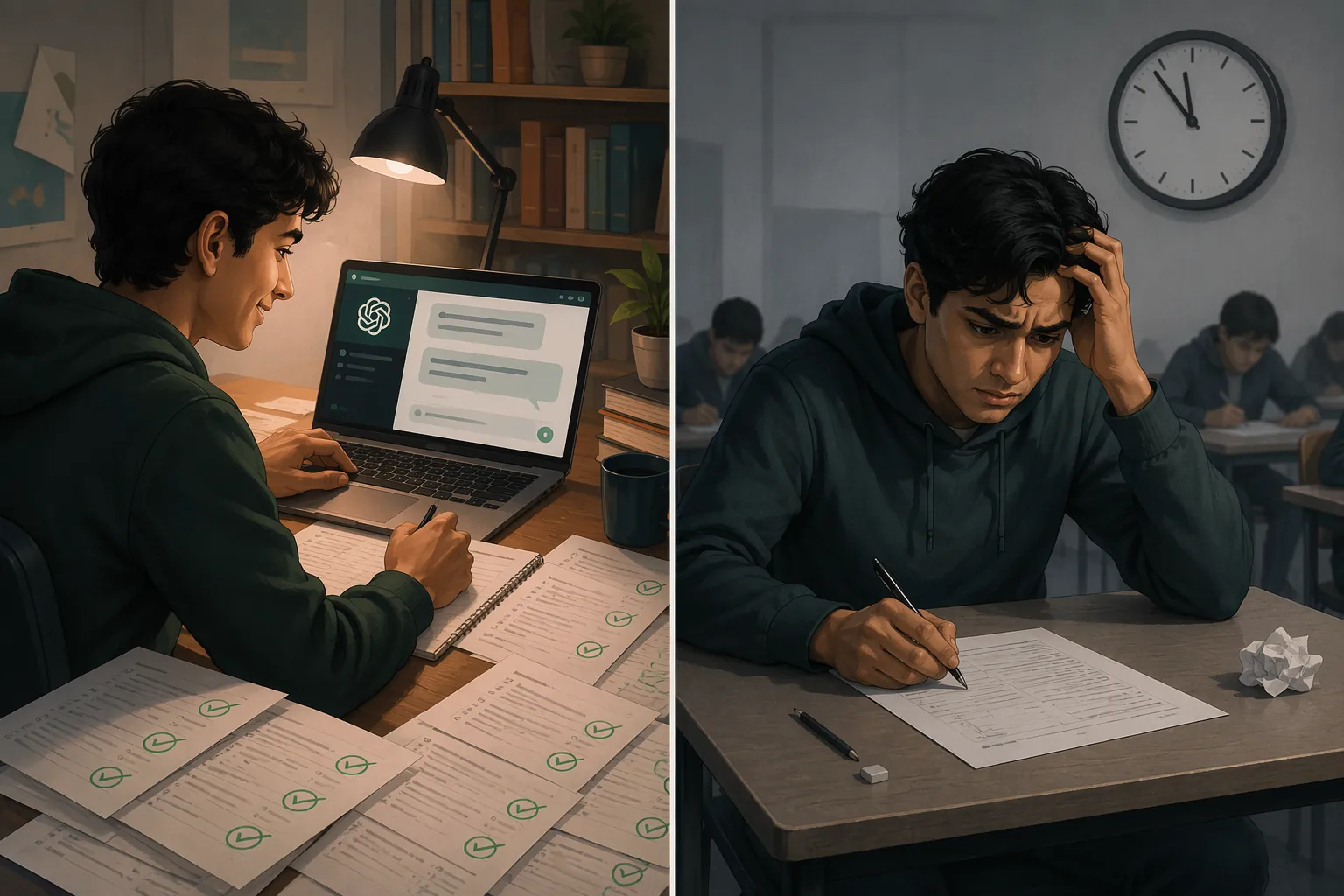 A student performs well with ChatGPT-assisted practice papers but struggles alone in a timed exam room