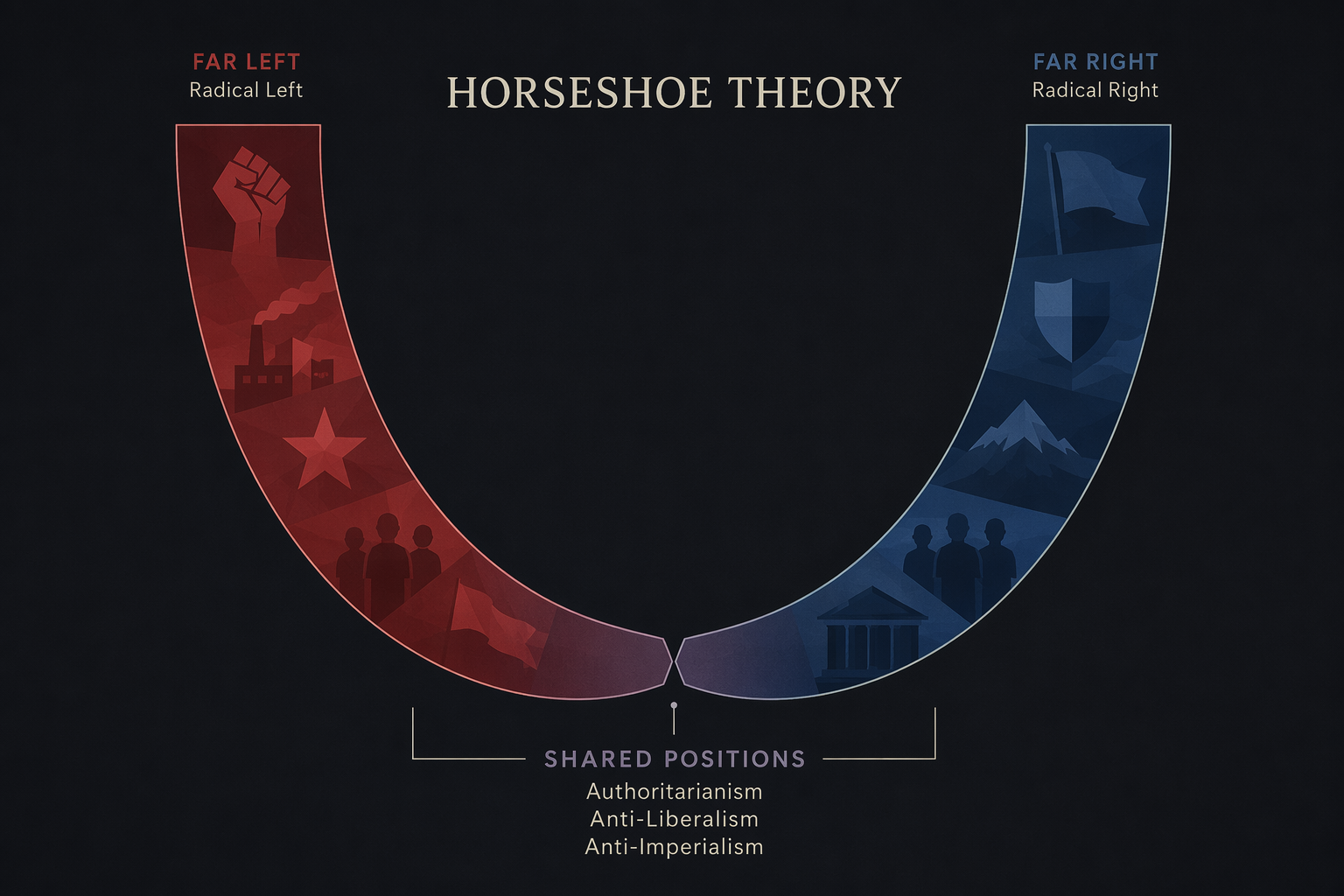 Academic-style horseshoe diagram showing red and blue ideological poles curving toward a convergence point
