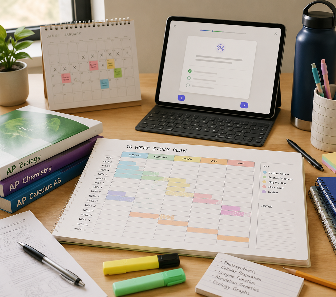 A 16-week study calendar with an AI tutor quiz interface and printed AP materials on a desk