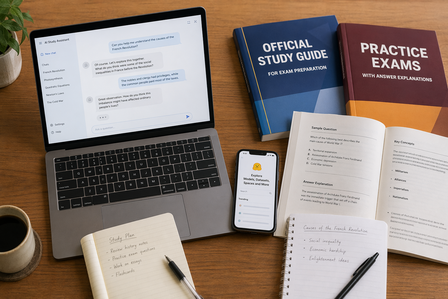 Student desk with an AI chat interface beside official exam prep books and printed study materials