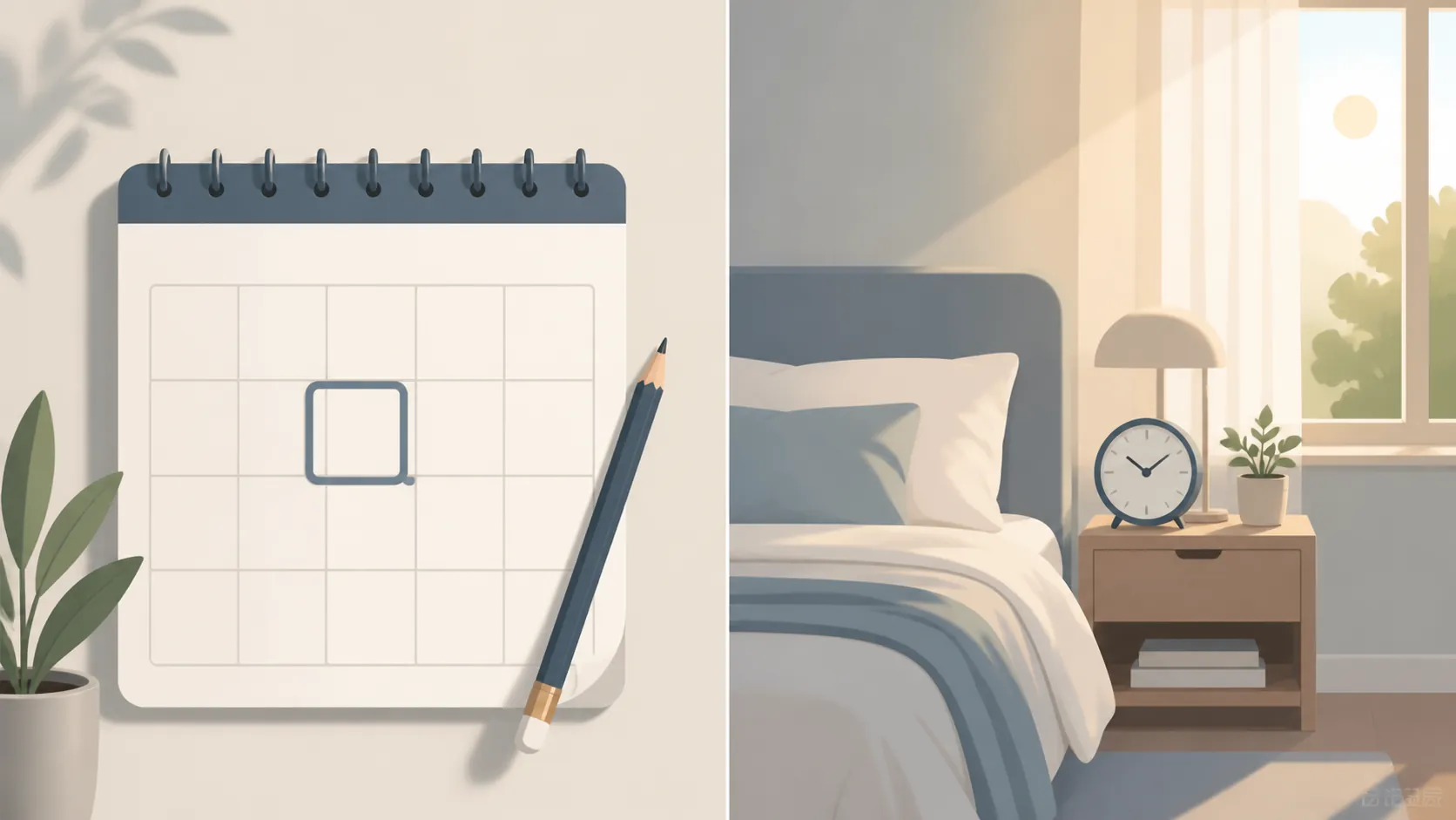 Calendar date box beside a made bed and morning light