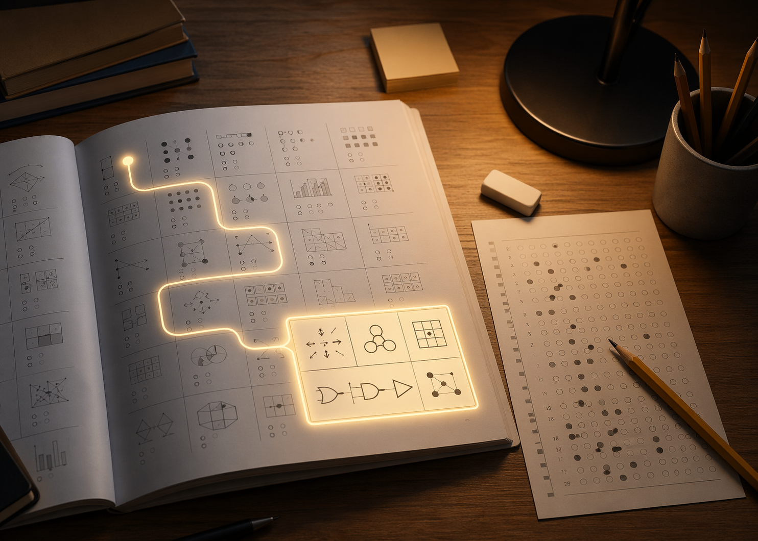 SAT test booklet with a highlighted path focusing on a small cluster of difficult question archetypes