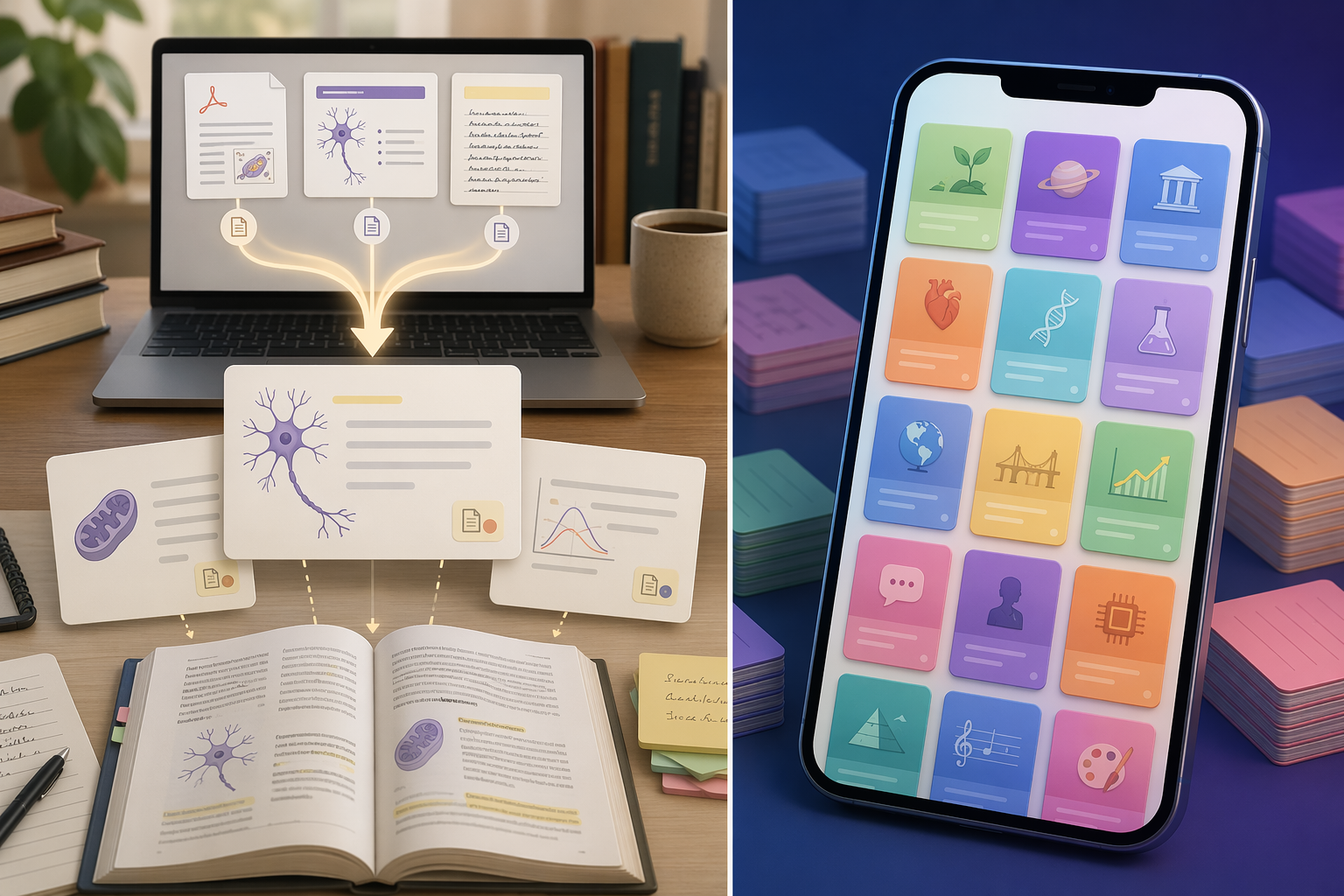Split comparison of source-grounded flashcard generation and a mobile library of premade study decks