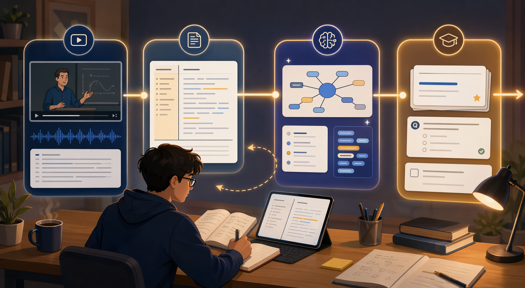 Four-stage workflow from lecture transcription to structured notes, AI study assets, flashcards, and quiz cards