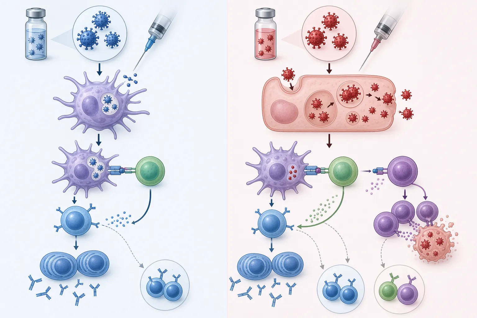 Scientific diagram comparing inactivated and modified-live vaccine mechanisms with antigen-presenting cells, antibodies, and immune memory