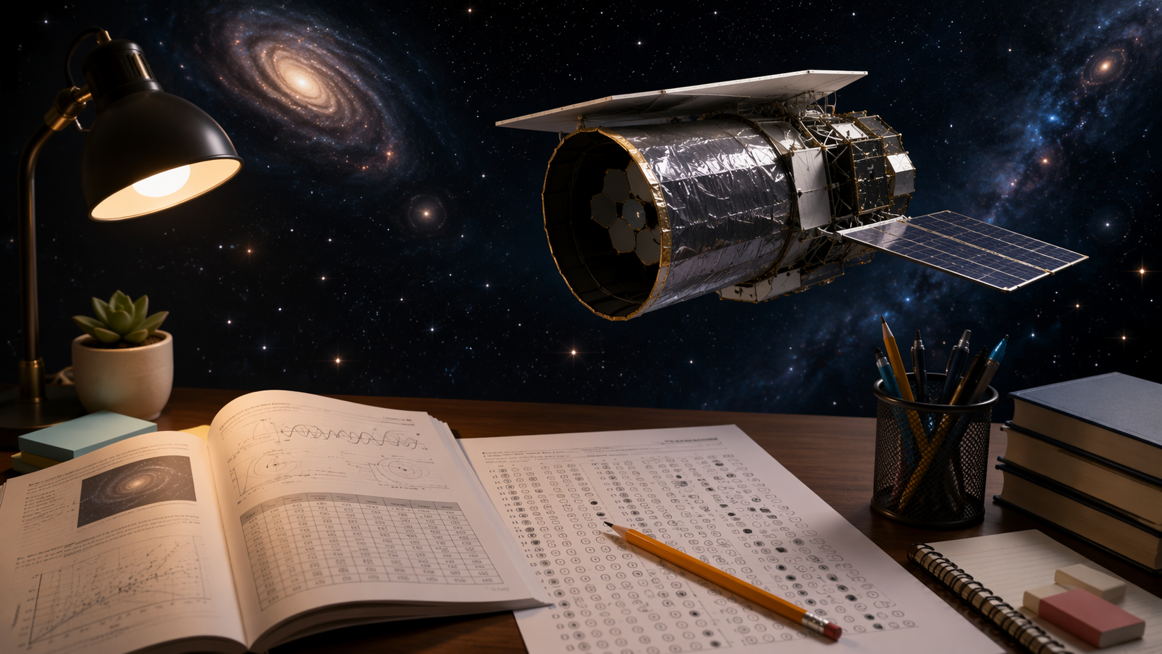 Roman telescope above a desk with test materials and science notes.