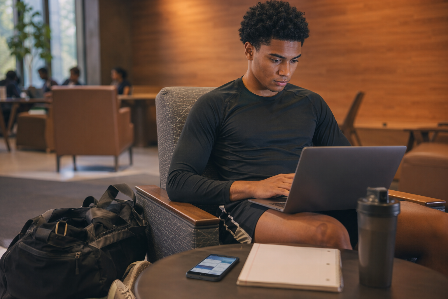 College athlete studying on a laptop after practice with a phone calendar nearby