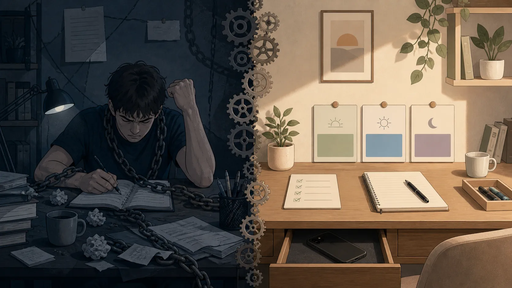 A split illustration of a drained student at a study desk on one side and an organized study system with time blocks, a phone in a drawer, and a checkmarked plan on the other