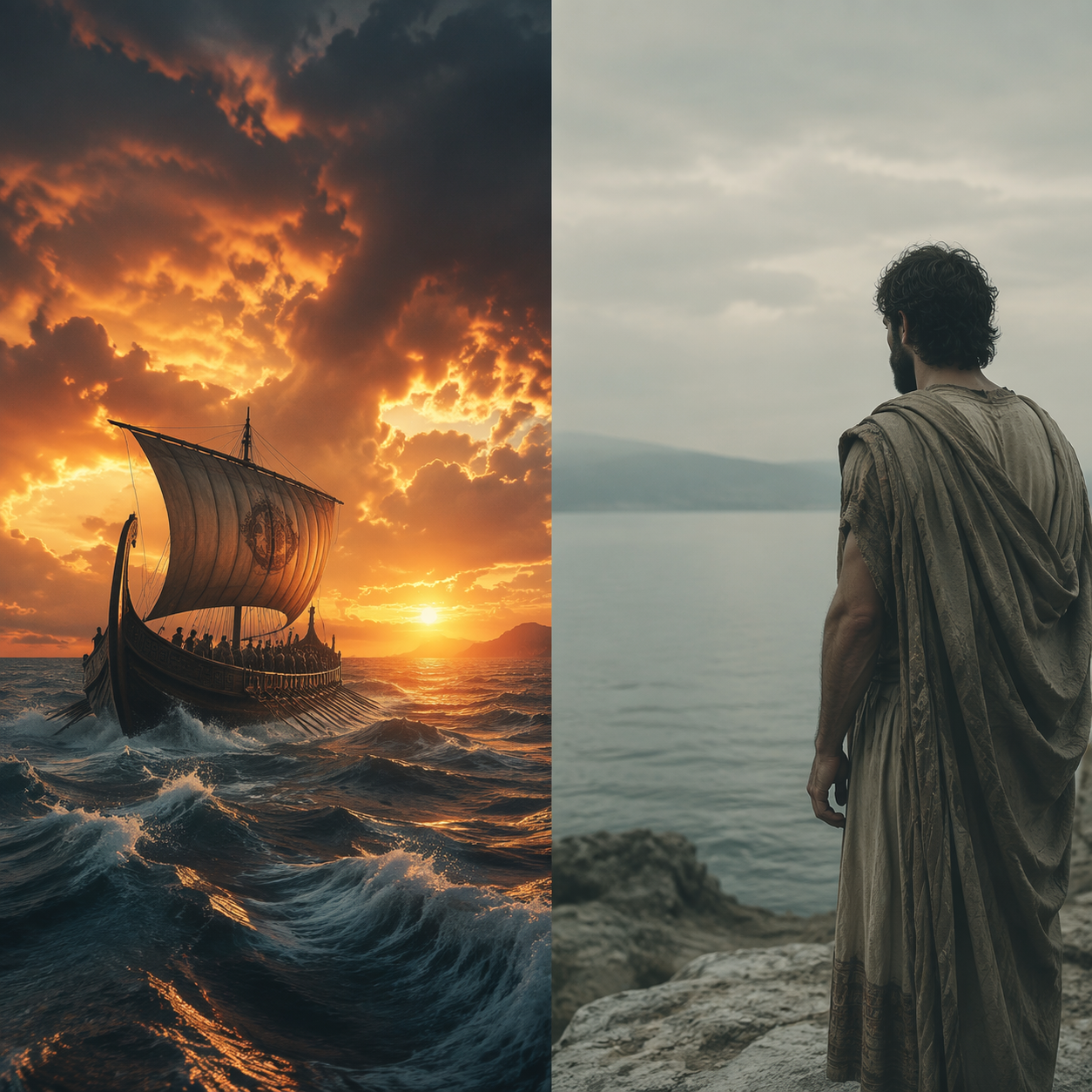 Split image contrasting a stormy heroic seascape with a quiet solitary figure on a rocky shore