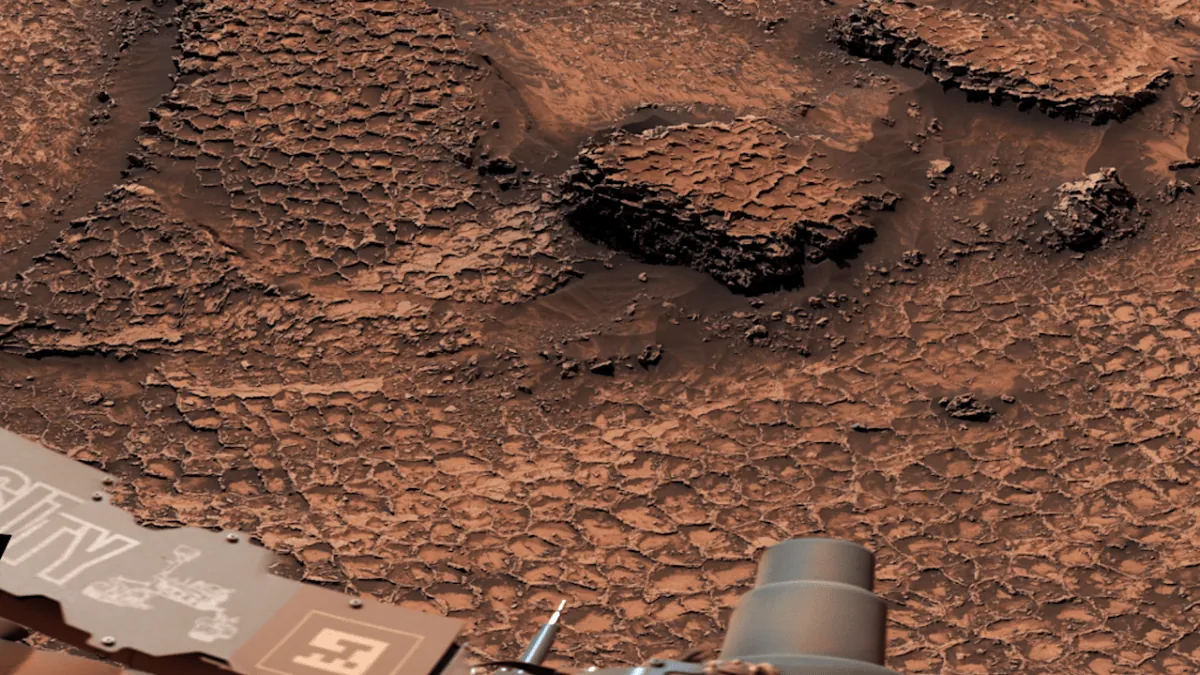 Wide view of the Martian surface in Valle Grande covered in honeycomb-like polygonal textures photographed by Curiosity
