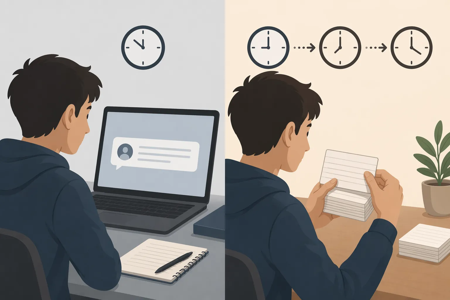 Comparison of a single chatbot study session with spaced flashcard review across today, tomorrow, and next week