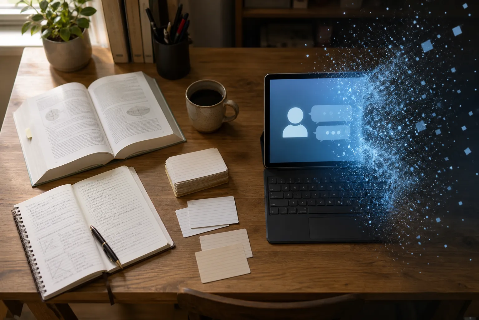 Student study desk with durable paper study materials beside a tablet showing a fading AI interface