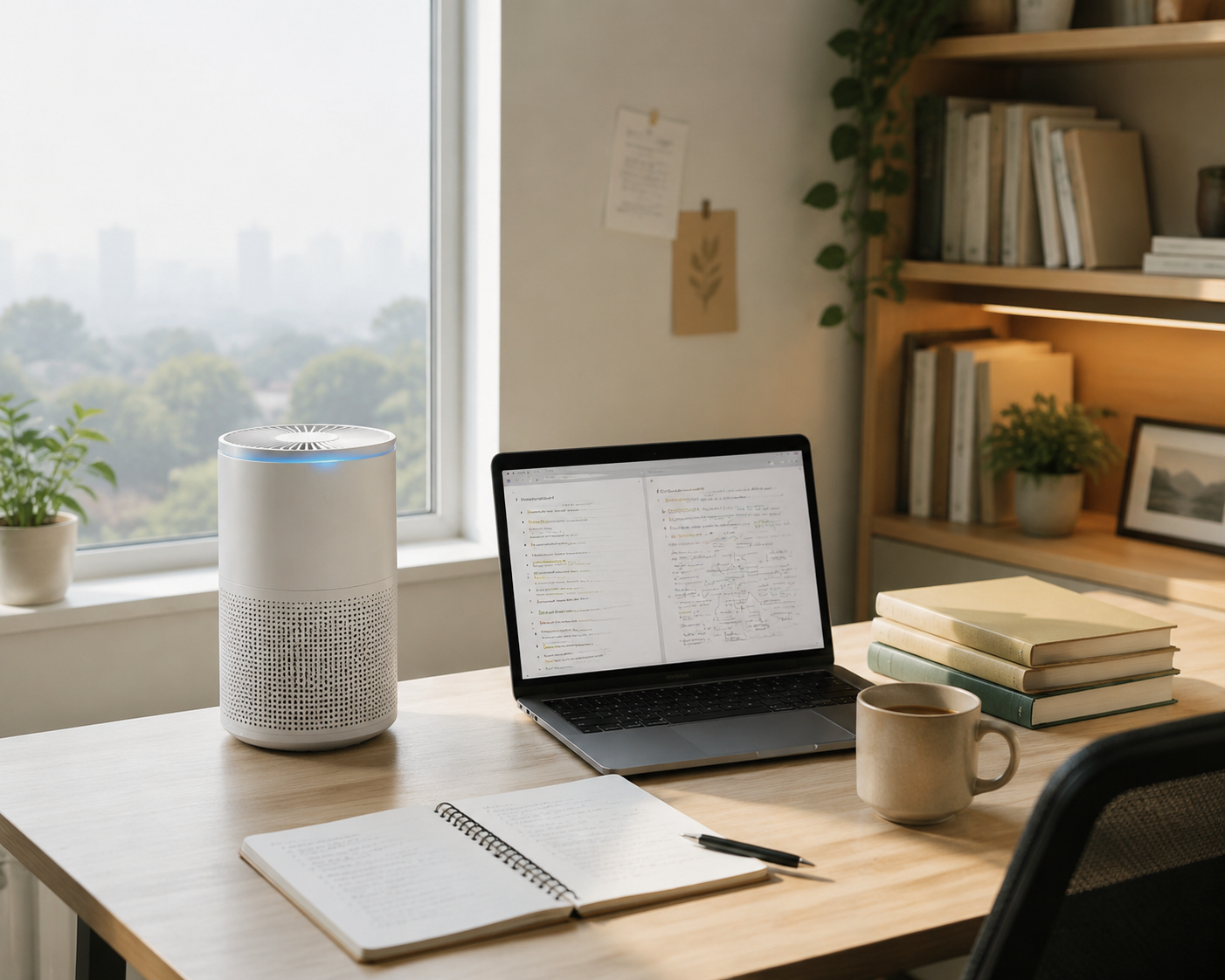 Study desk with a HEPA air purifier beside a laptop during hazy outdoor conditions
