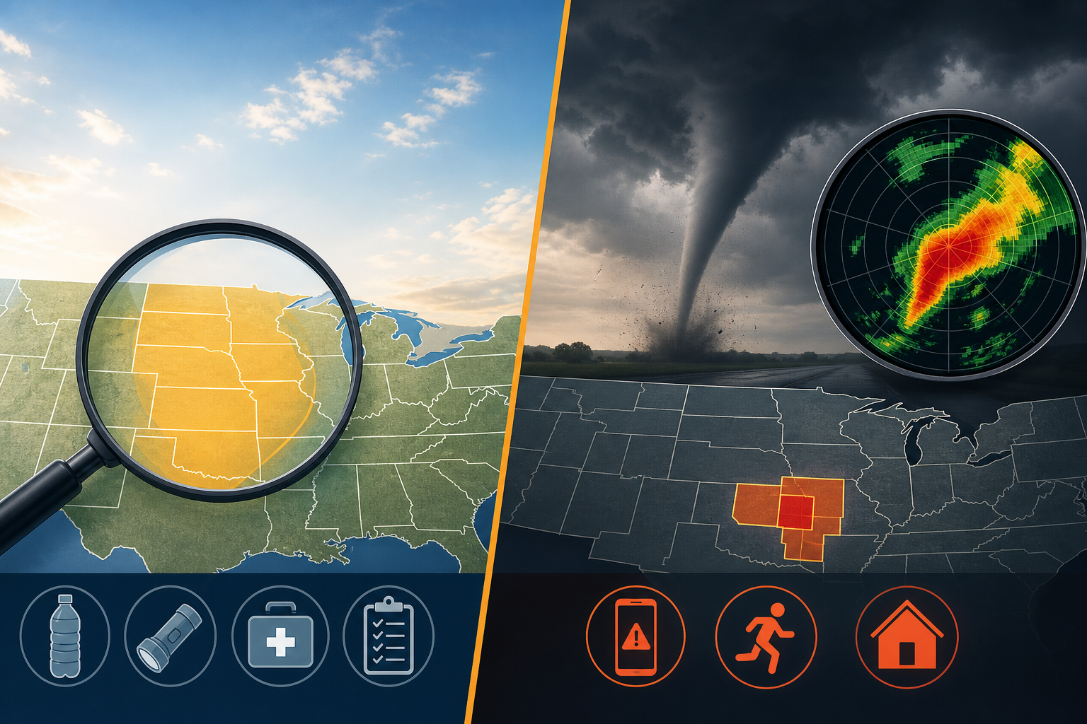 Split illustration comparing a broad tornado watch area with a focused tornado warning threat