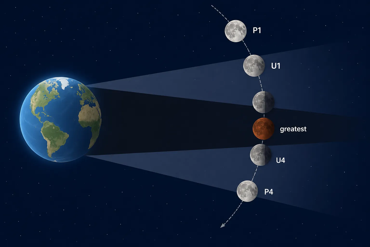 Diagram of Earth’s umbral and penumbral shadows with Moon positions labeled P1, U1, greatest, U4, and P4