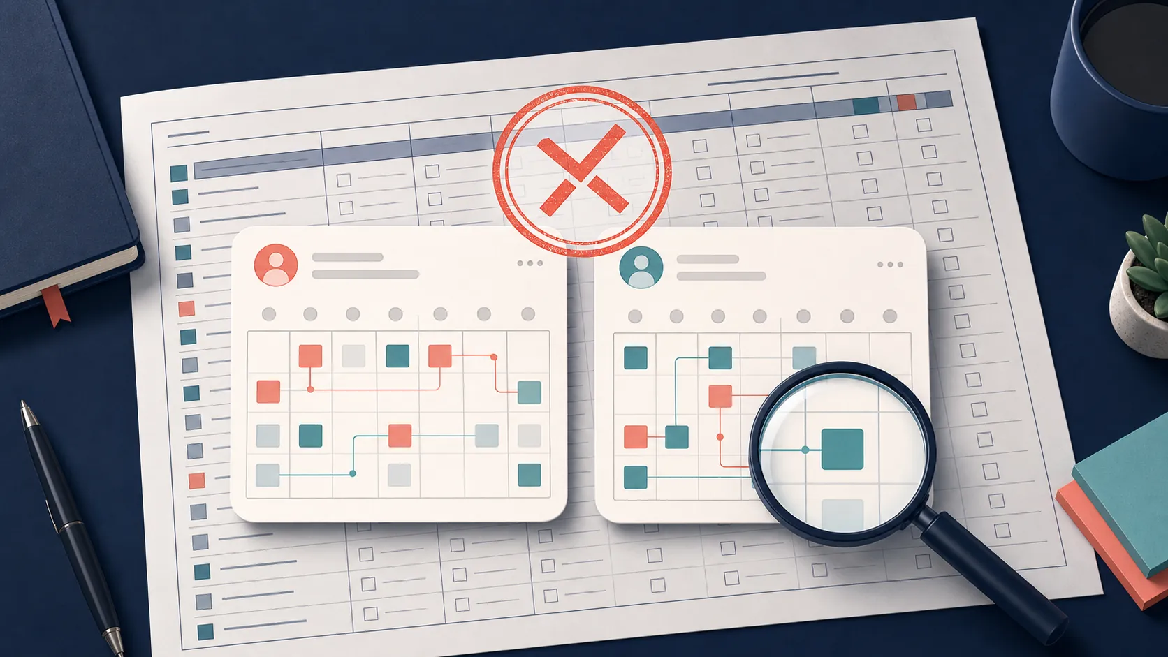 Two AI-generated weekly calendars being audited against an official exam specification sheet