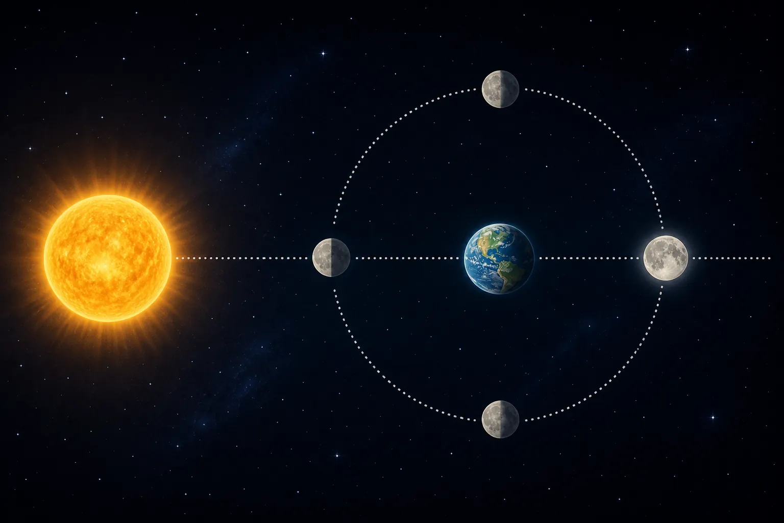 Top-down diagram of the Sun, Earth, and Moon positioned for a full moon