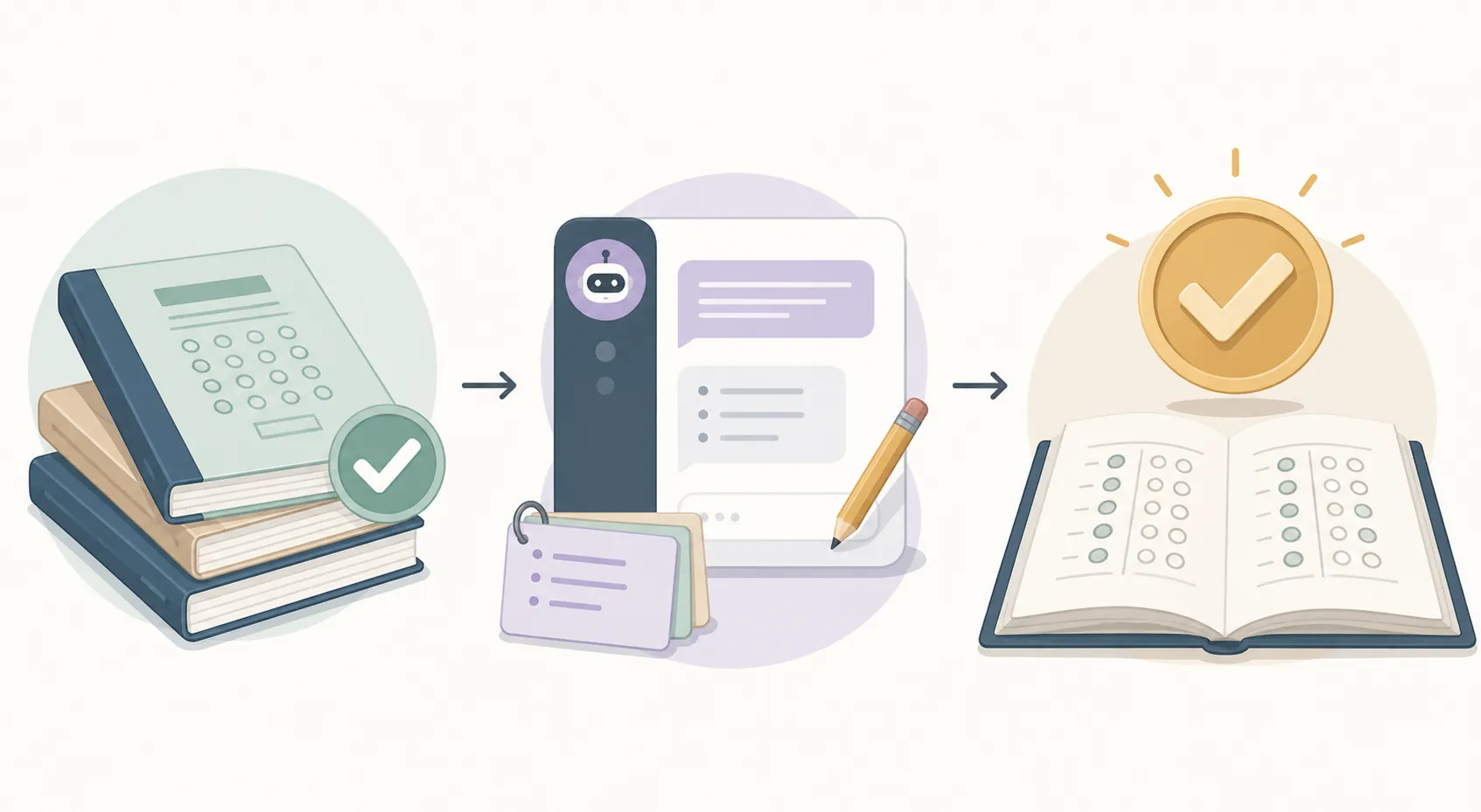 Three-step workflow showing official practice, AI drill assistance, and answer-key verification
