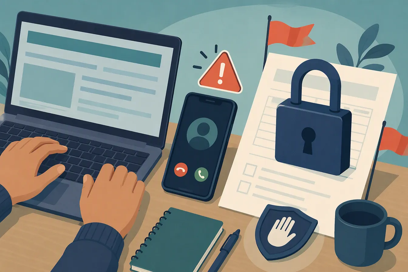 Laptop keyboard and warning phone beside a protected financial aid document
