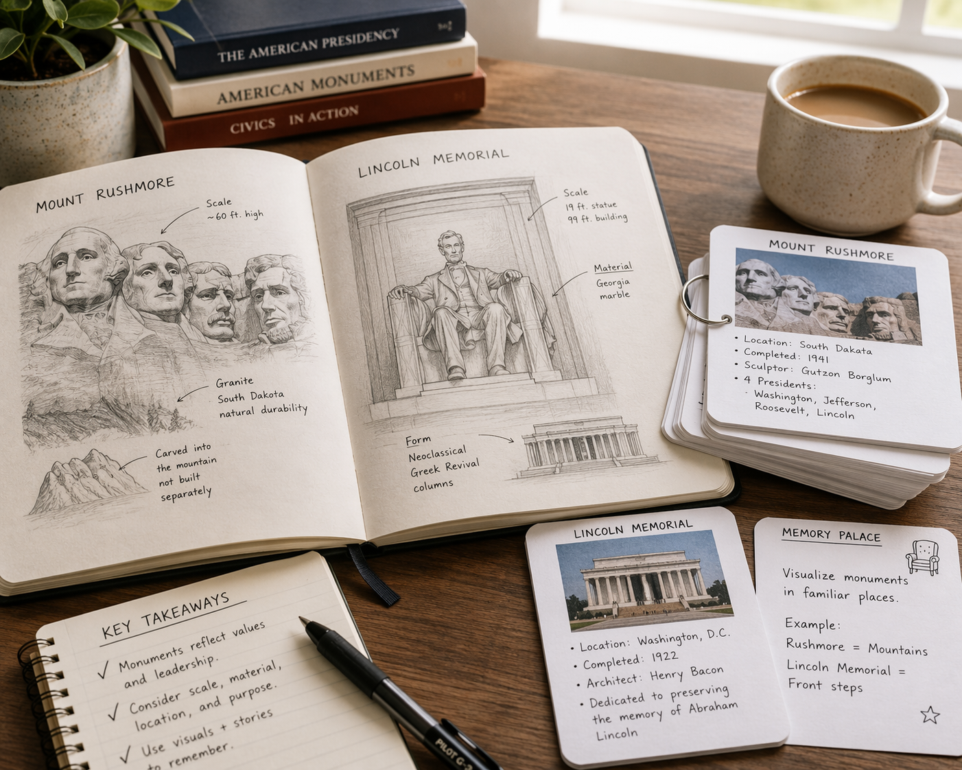Sketchbook study notes comparing Mount Rushmore and a seated memorial statue with flashcards on a desk