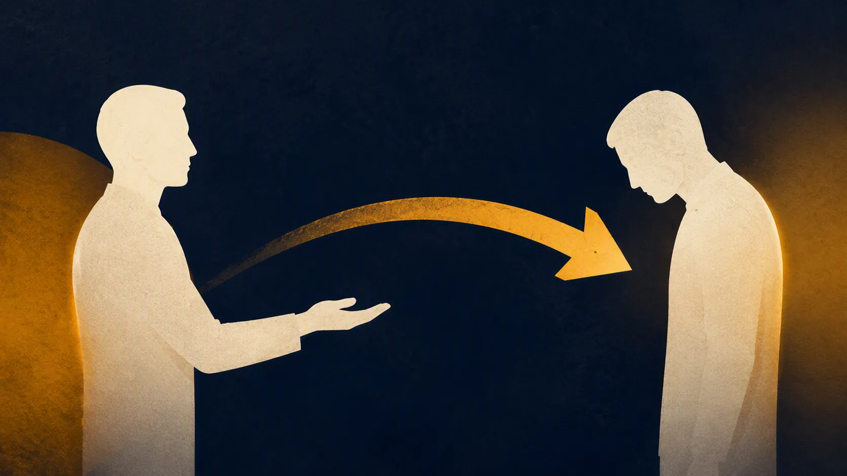 Two figures with an amber arrow showing blame shifting from one person to another