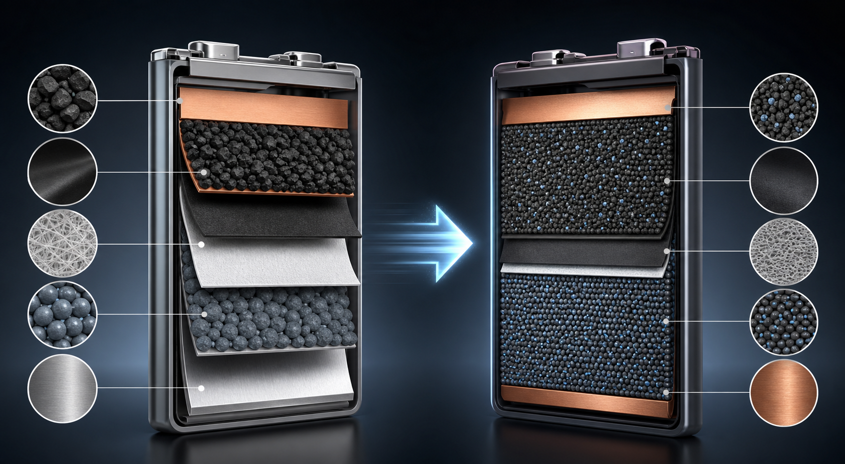 Cutaway comparison of a lithium-ion phone battery cell and a denser silicon-carbon battery cell