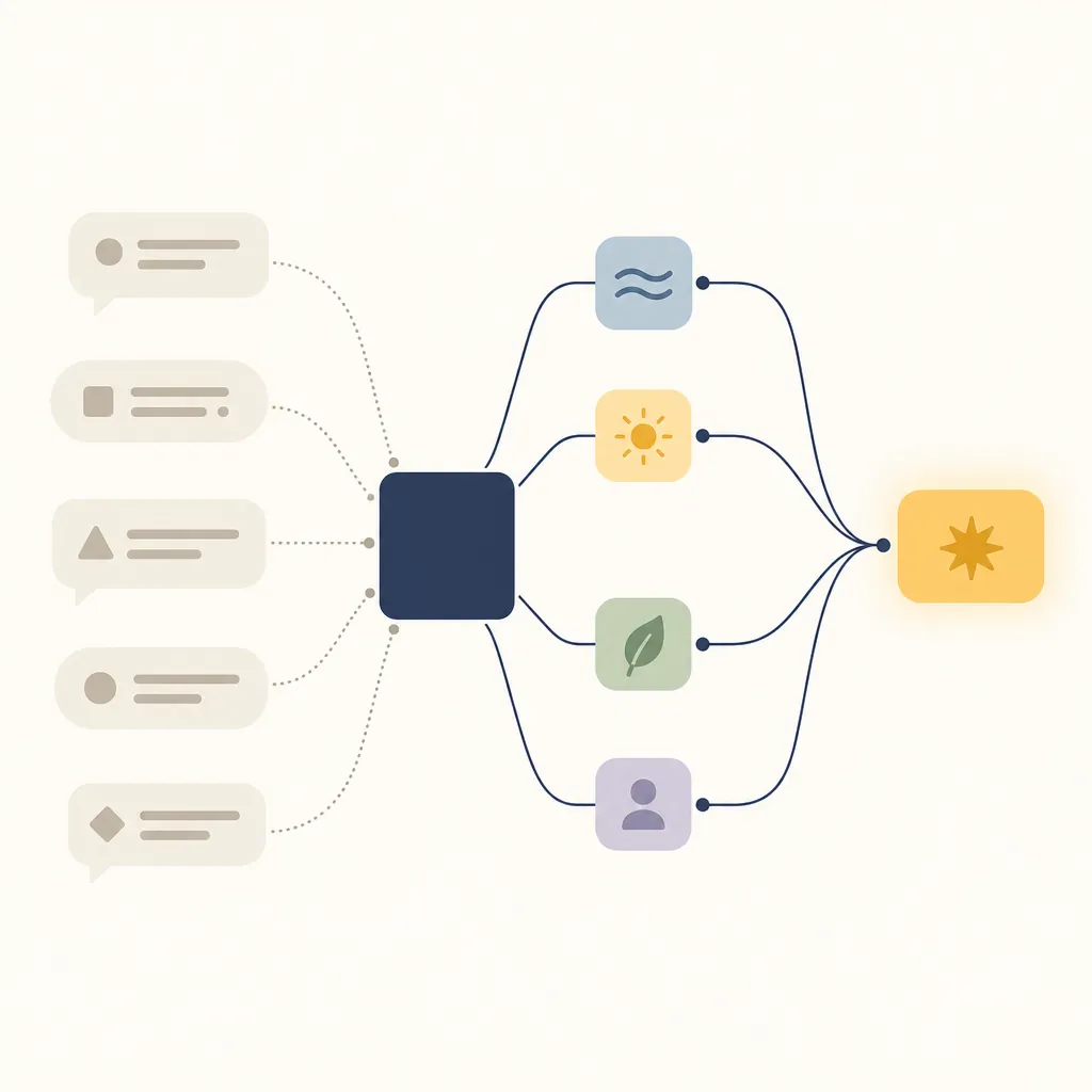 Diagram of one word branching into several possible meanings before resolving into one category