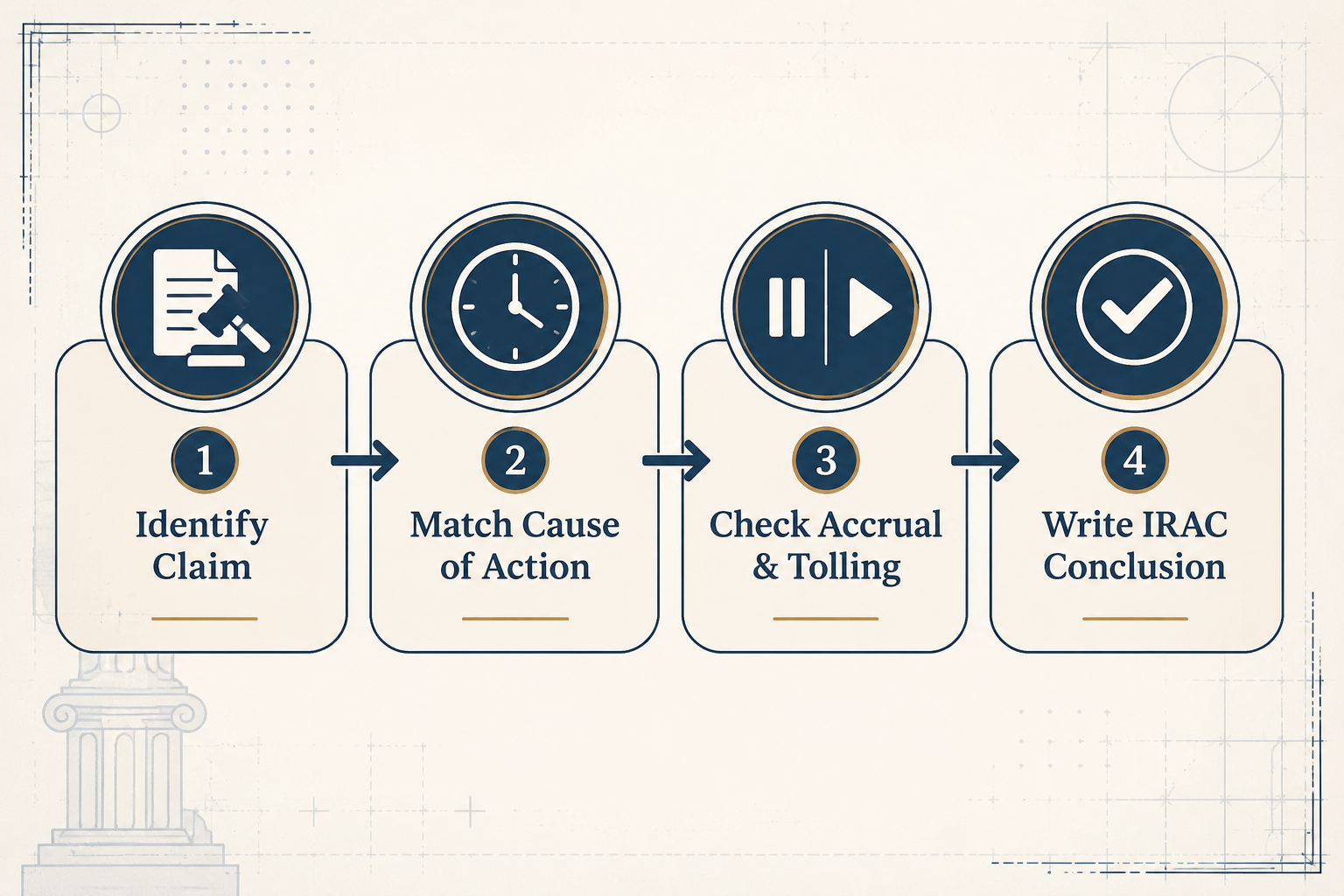 Four-stage statute of limitations exam workflow from identifying the claim to writing an IRAC conclusion