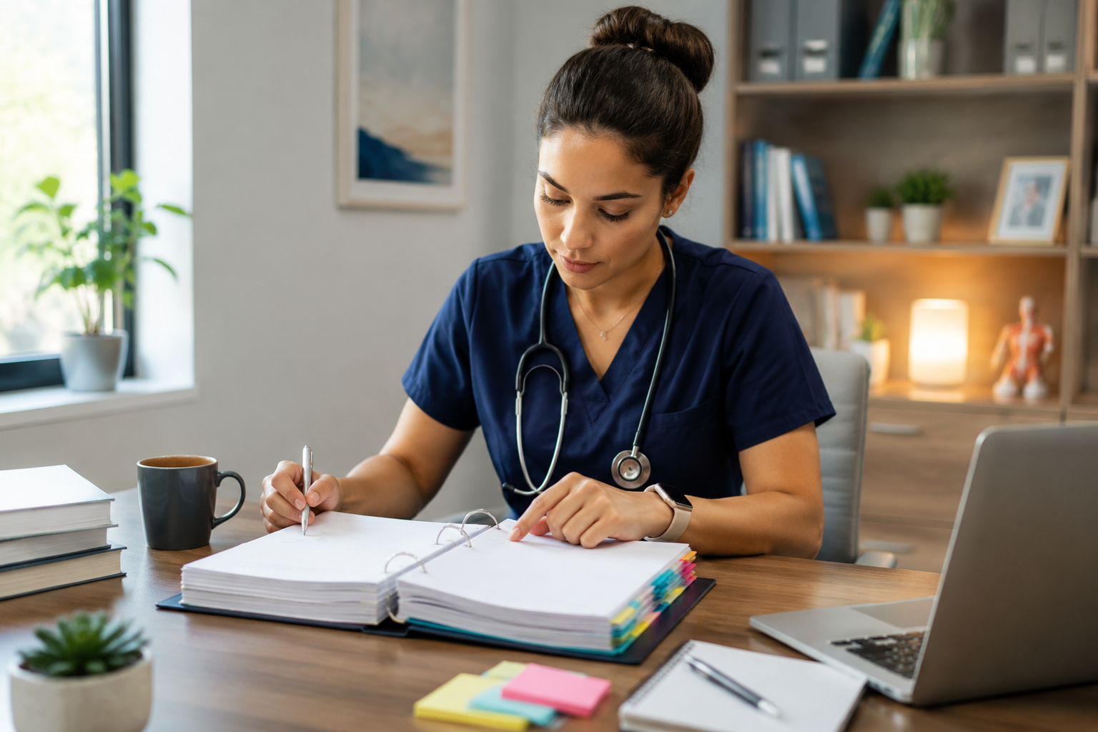 Nurse navigator studying with an open binder in a healthcare office