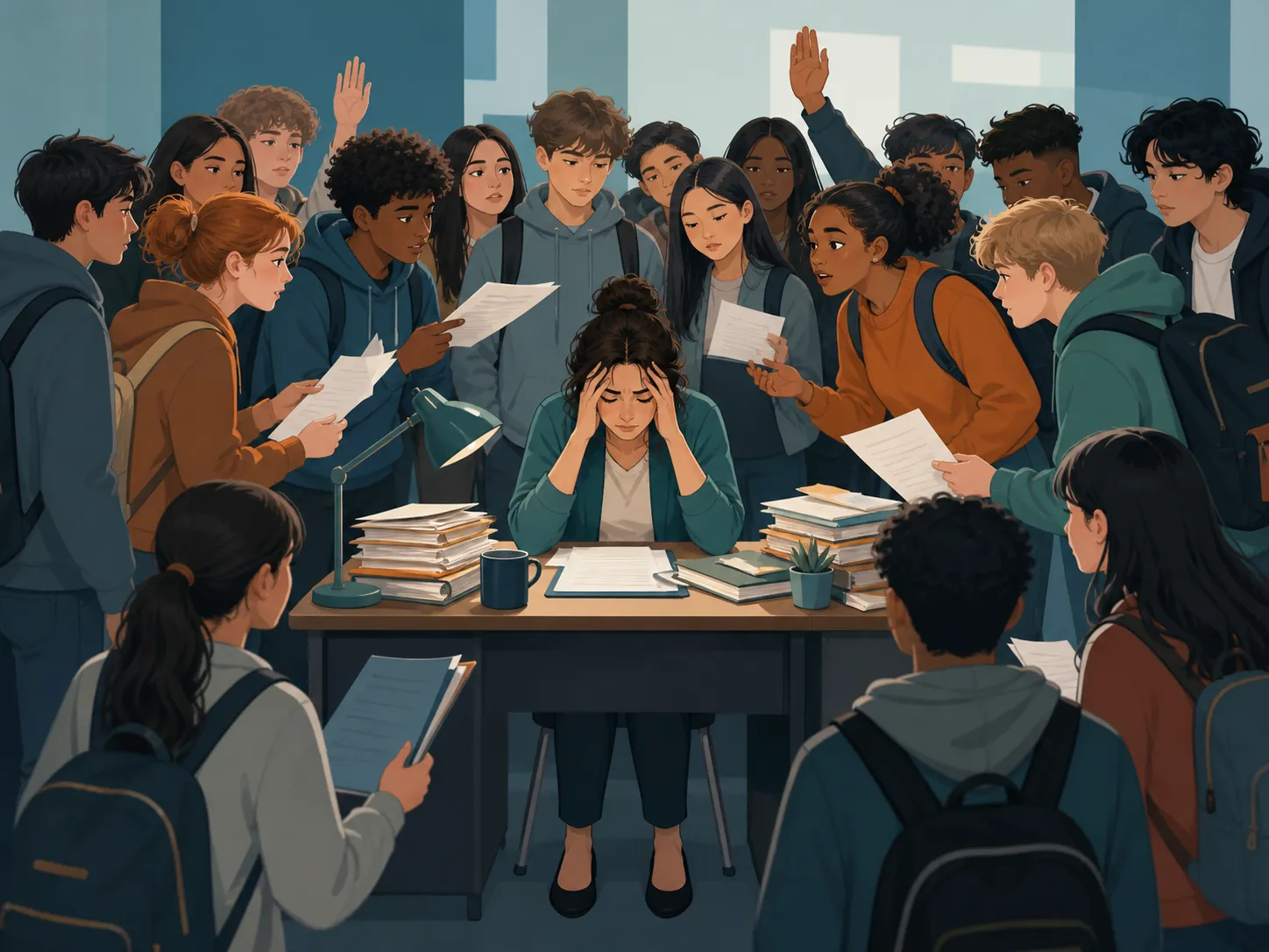 Overburdened guidance counselor surrounded by students needing help with forms and applications