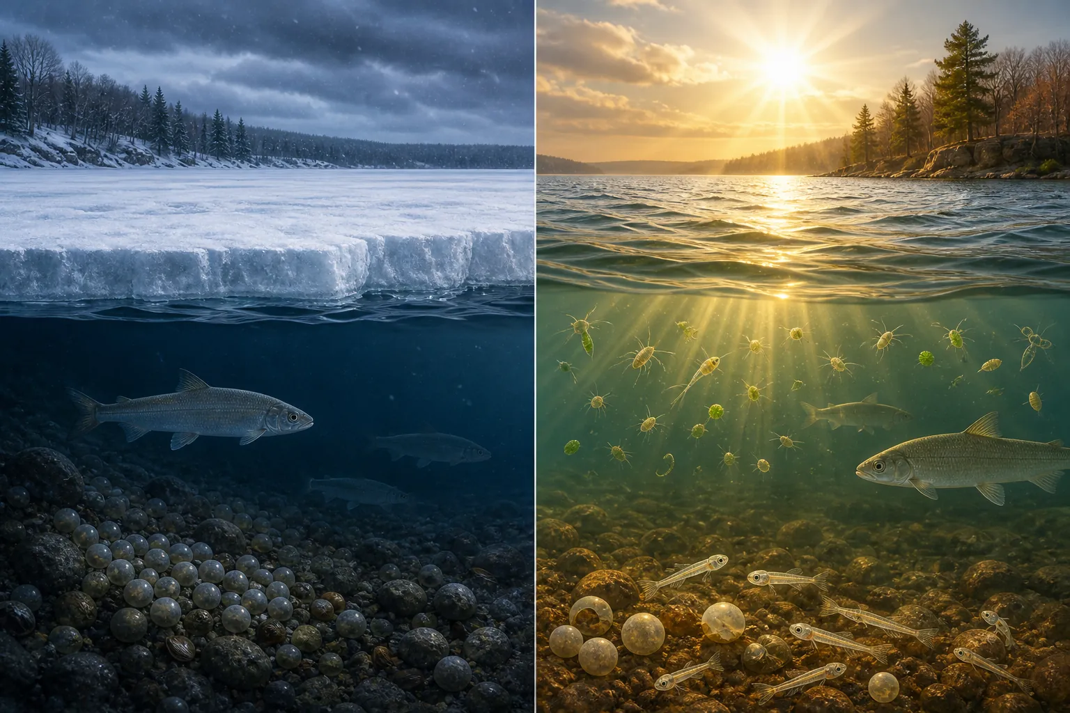 Comparison of icy and ice-free winter lake conditions showing whitefish eggs protected under ice versus exposed to UV rays and hatching early
