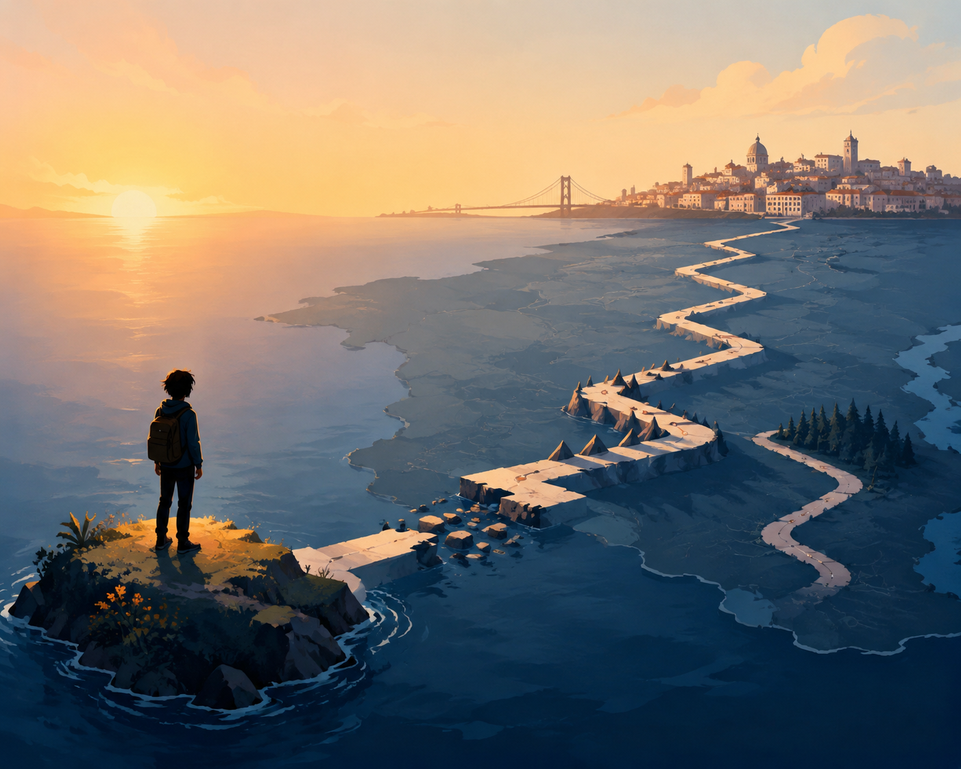 A small figure leaving an island path toward a distant city skyline