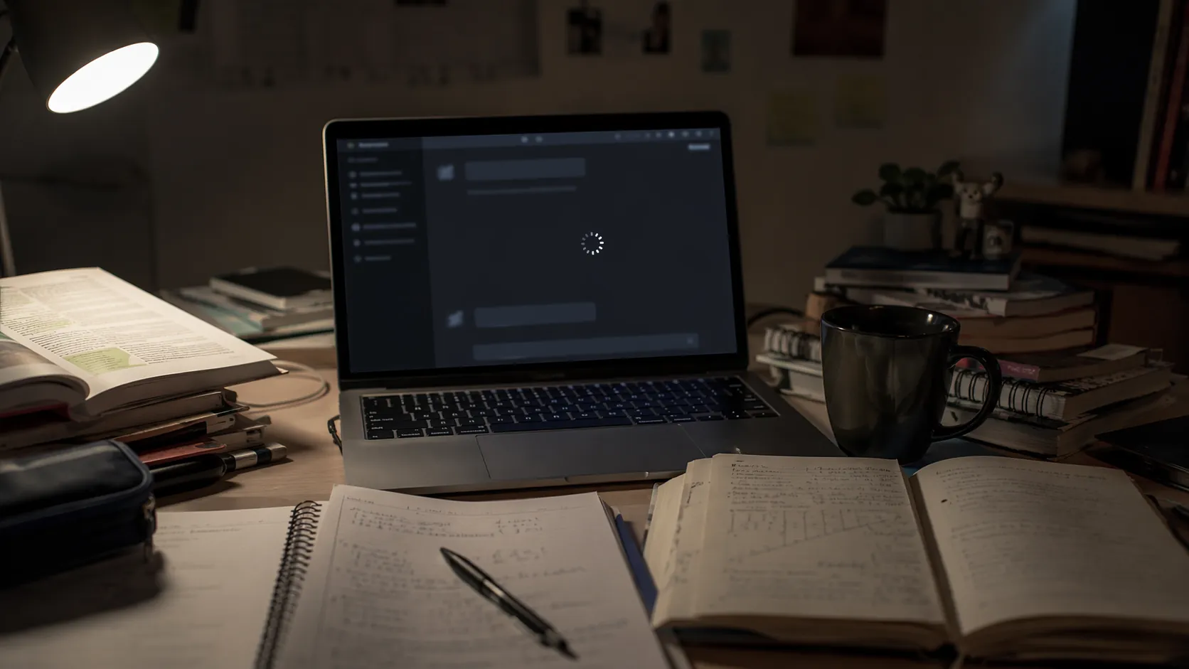 A study desk with textbooks and notes around a laptop frozen on a loading screen during an AI tool outage