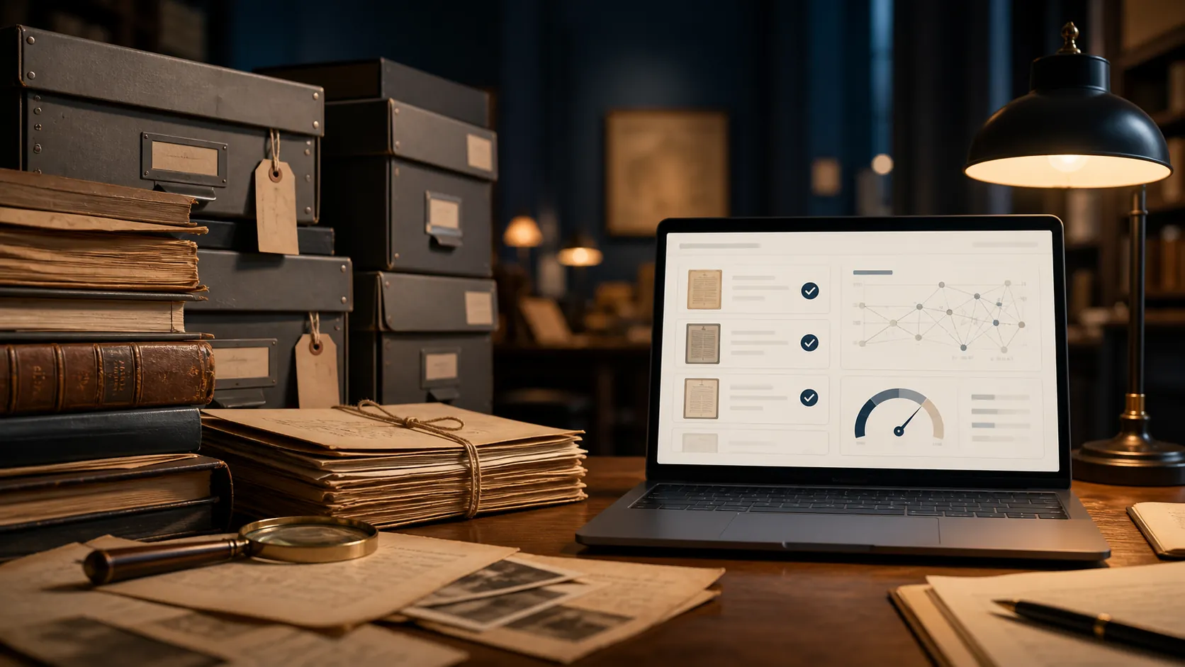 Archival reading room with historical boxes, documents, and a laptop showing a verified research interface