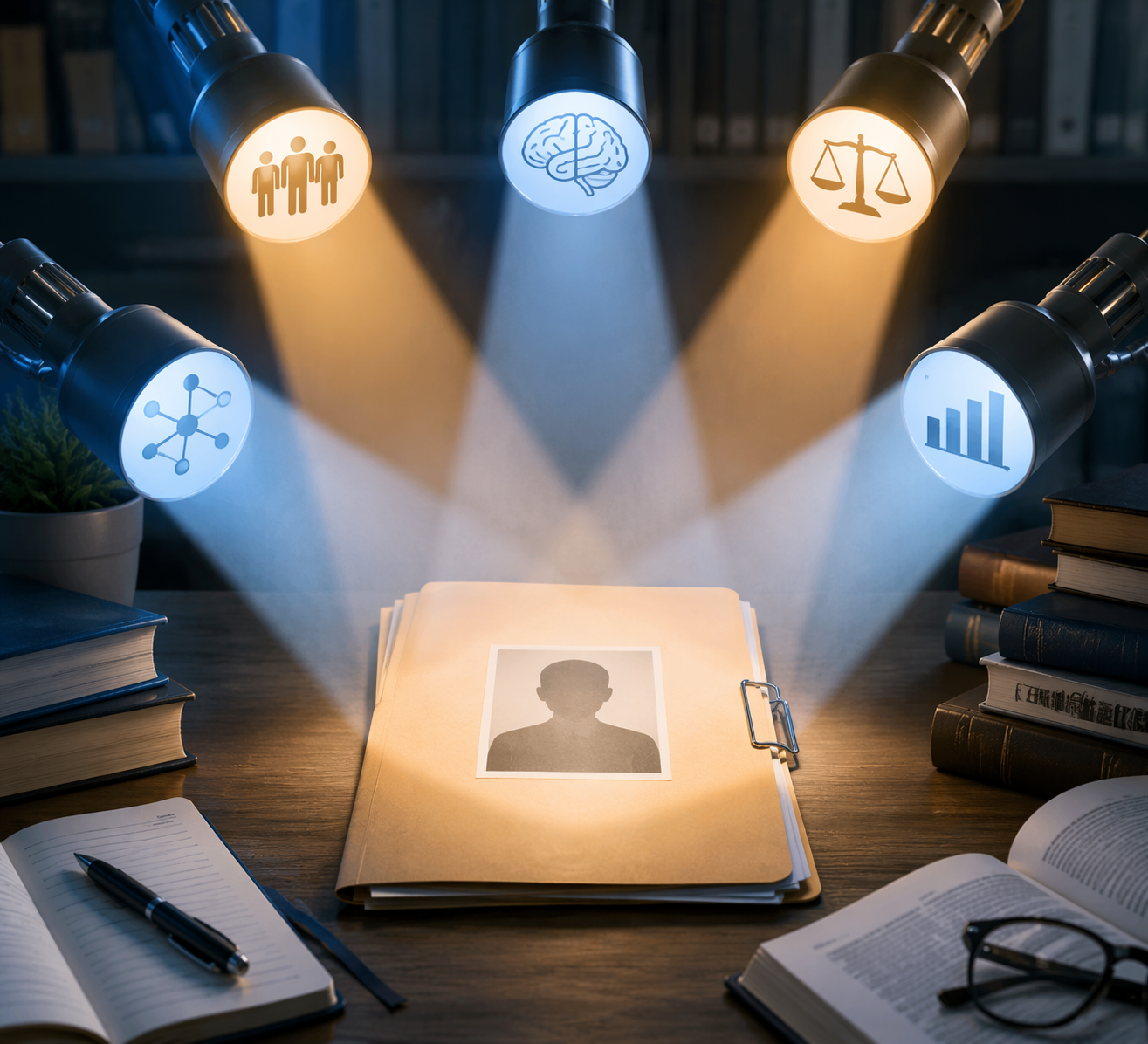 Academic case file on a desk with multiple light beams suggesting several theories applied to one case