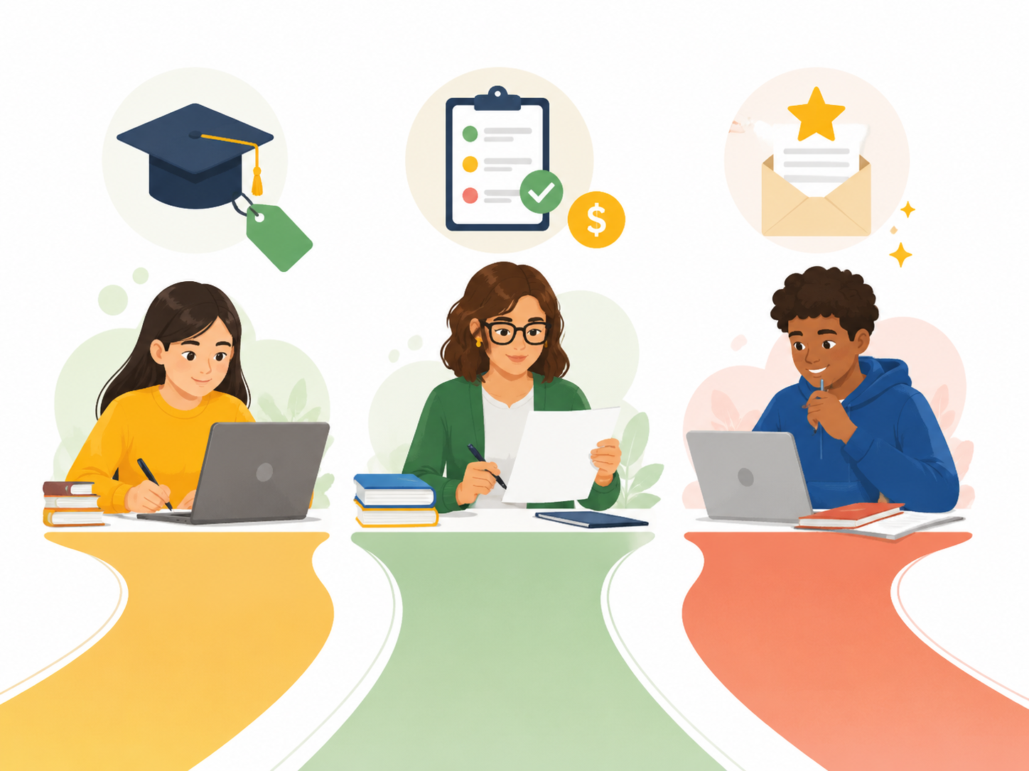 Three student writing scenarios showing free drafting support, teacher-reviewed feedback, and college admissions essay help
