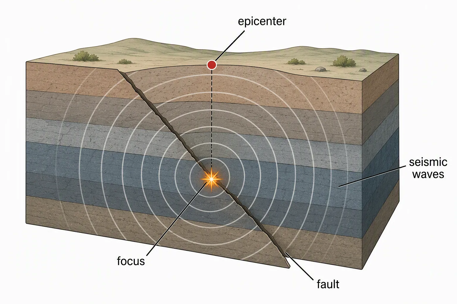 Cross-section diagram showing an earthquake focus underground, the epicenter directly above it, and seismic waves spreading outward