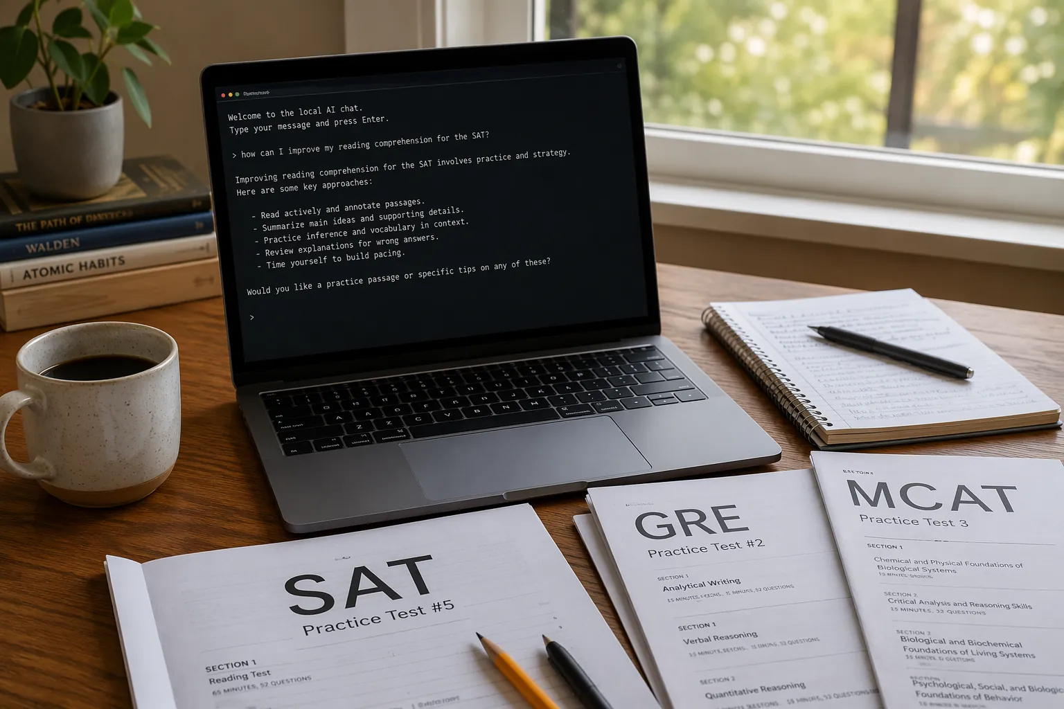 Laptop running a dark AI chat interface beside printed SAT, GRE, and MCAT practice papers