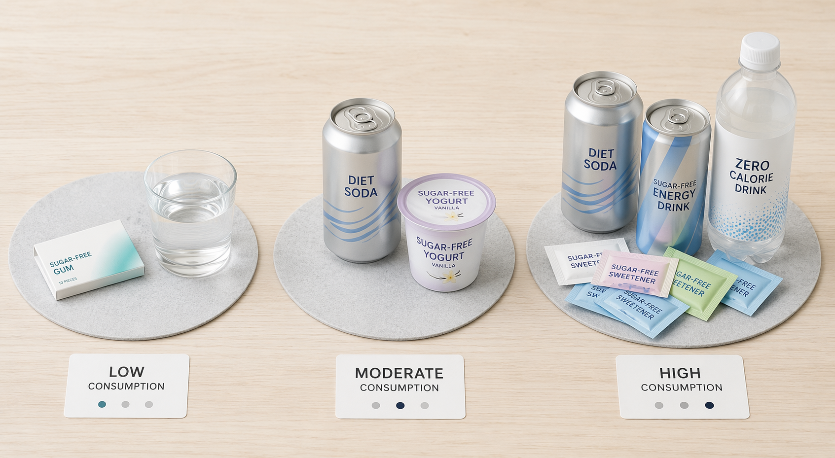 Low, moderate, and high artificial sweetener consumption groupings with gum, diet soda, yogurt, cans, and sweetener packets